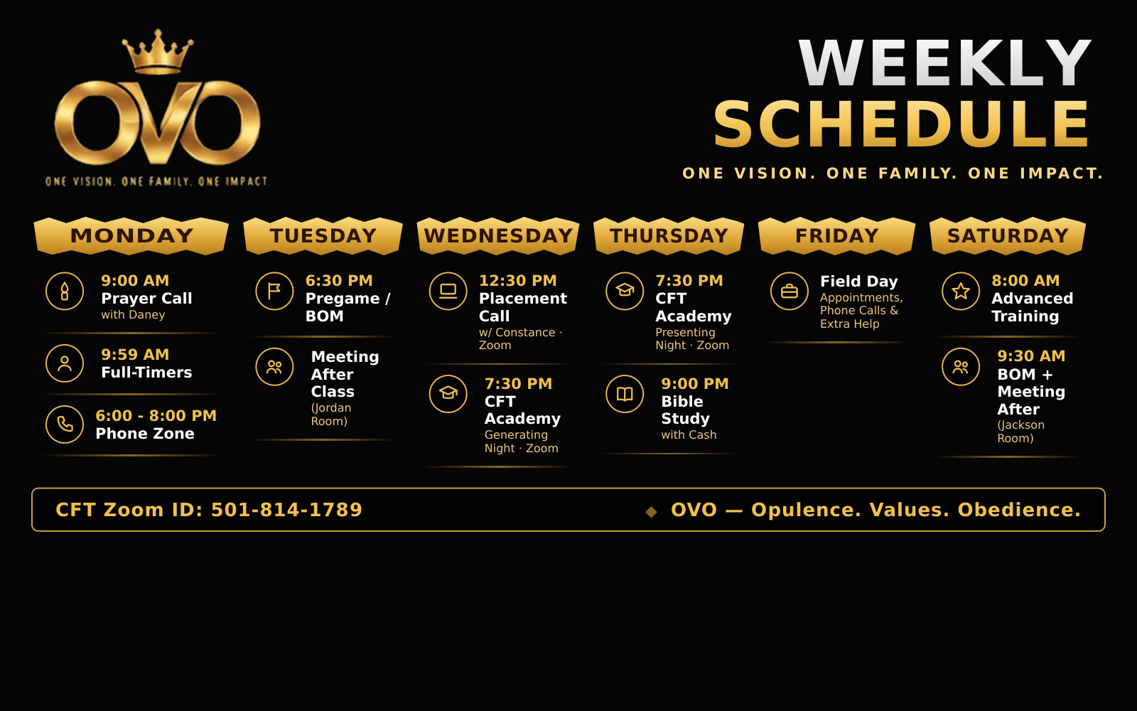 OVO weekly schedule — black and gold